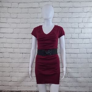 Body Central V-Neck Soft Acrylic Knit Fitted Ruched Belted Mini Sweater Burgundy